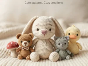CozyAmigurumi branded cover art with crocheted amigurumi bunny, teddy bear, cat, and duck