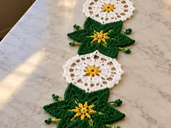 White & Green Floral Hexagon Table Runner — Free Crochet Pattern