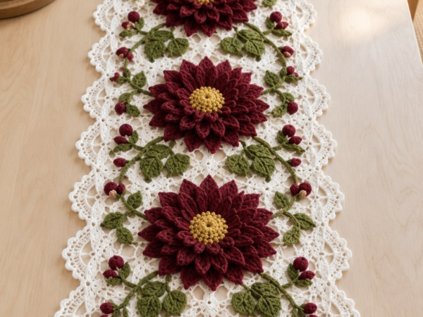 Burgundy Dahlia Lace Table Runner — Free Crochet Pattern