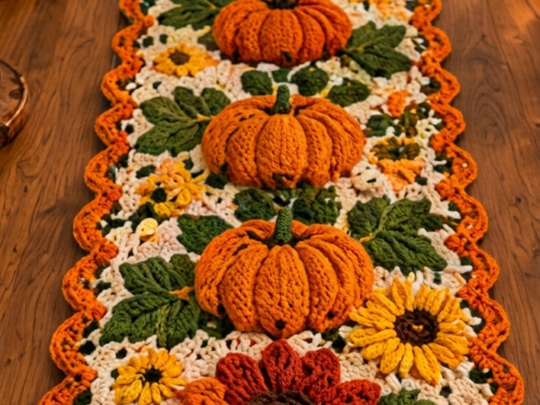 Pumpkin & Sunflower Harvest Table Runner — Free Crochet Pattern