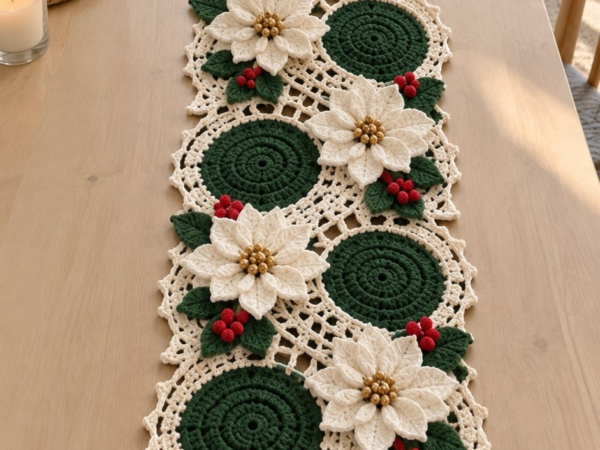 White Poinsettia & Green Wreath Doily Table Runner — Free Crochet Pattern