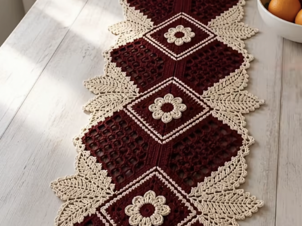 Burgundy & Cream Flower Lace Table Runner — Free Crochet Pattern