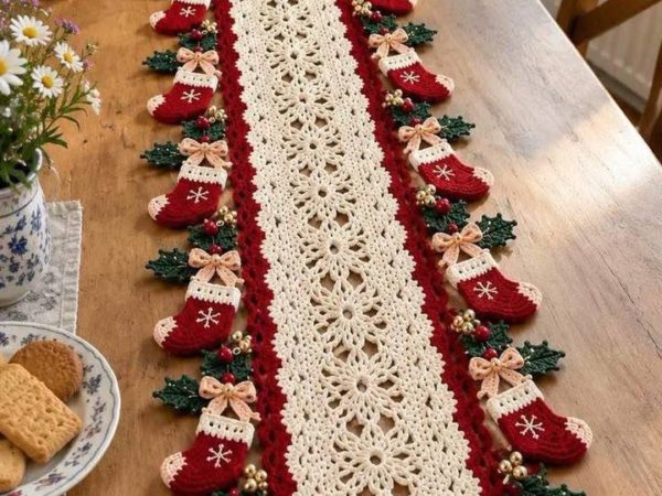 Christmas Stocking Lace Table Runner – Free Crochet Pattern