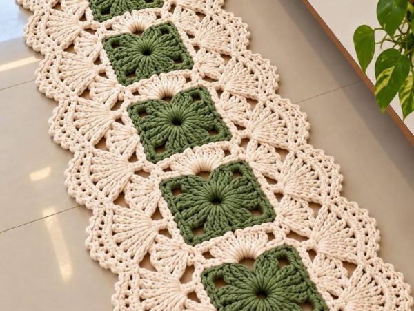 Chunky Sage Flower Lace Table Runner – Free Crochet Pattern
