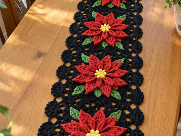 Midnight Poinsettia Lace Table Runner — Free Crochet Pattern