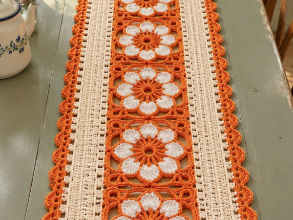 Orange Blossom Granny Panel Table Runner — Free Crochet Pattern