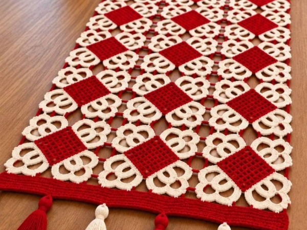 Red and White Checkerboard Flower Runner with Tassels