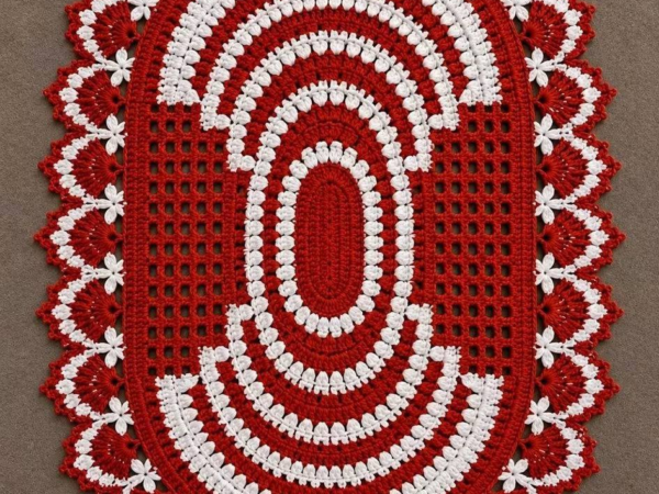 Red and White Oval Lace Doily