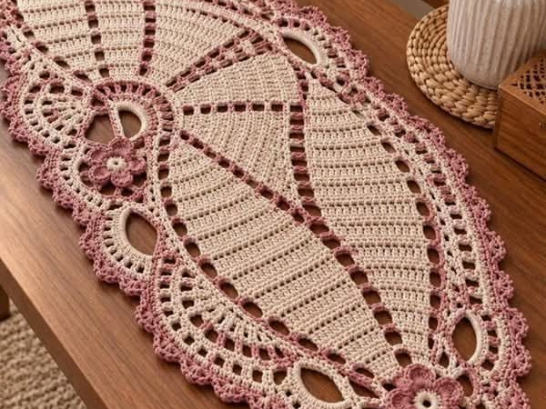 Rose and Cream Oval Lace Doily Runner
