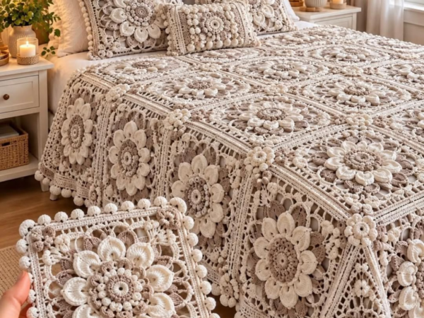 Cream and Taupe Raised Flower Square Bedspread