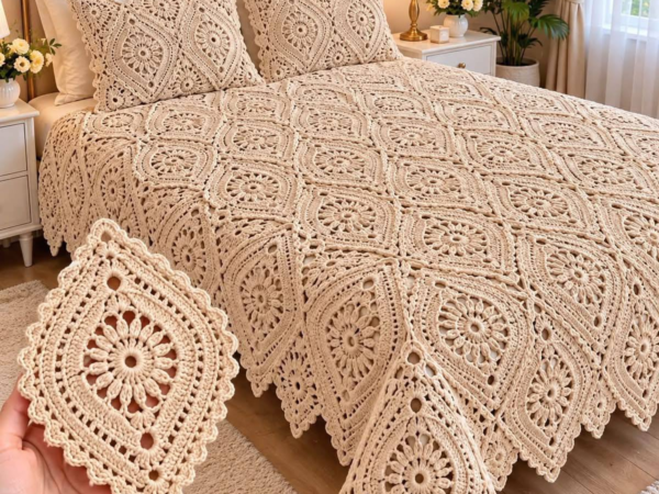 Cream Floral Lace Square Bedspread