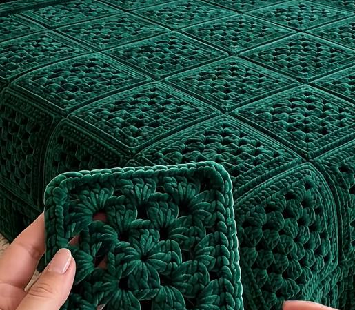 Emerald Velvet Granny Square Bedspread