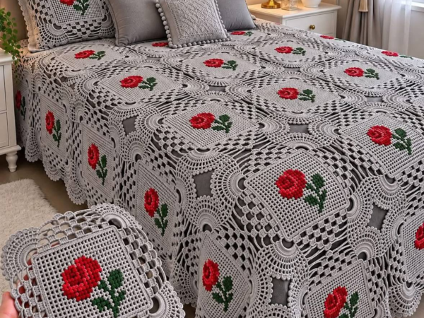 Grey and Red Rose Lace Bedspread