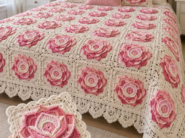 Pink Rose Square Bedspread