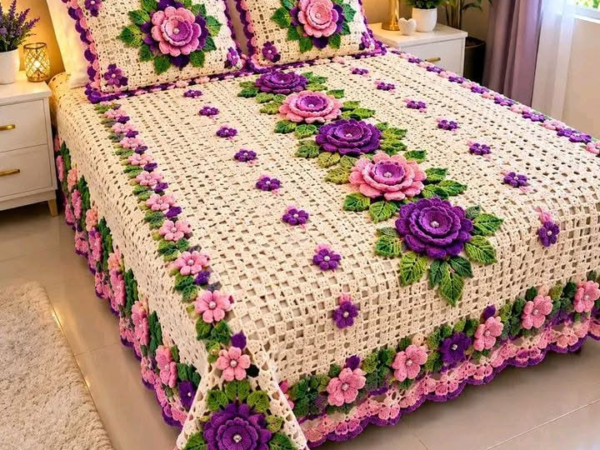 Purple and Pink Rose Garden Bedspread