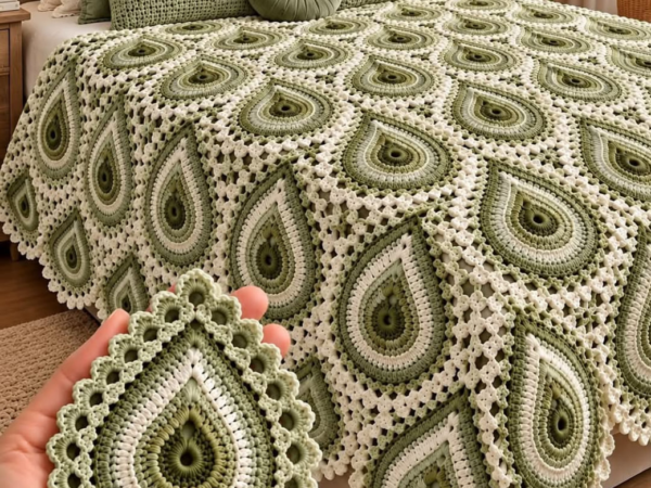 Sage Green and Cream Teardrop Feather Bedspread