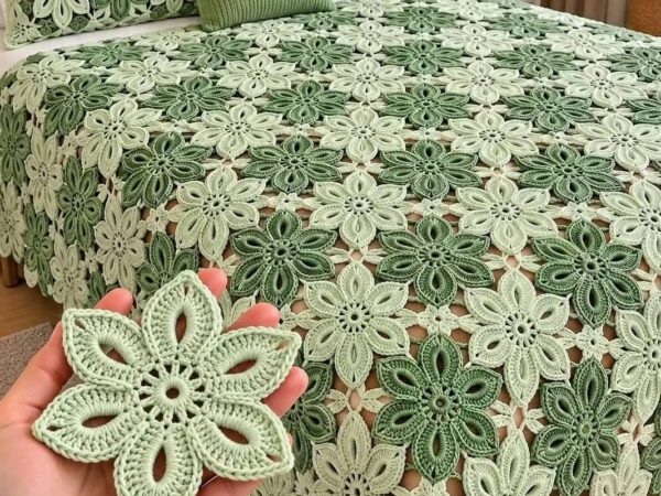 Sage Green Flower Hexagon Bedspread