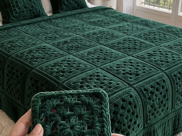 Emerald Velvet Starburst Granny Square Bedspread