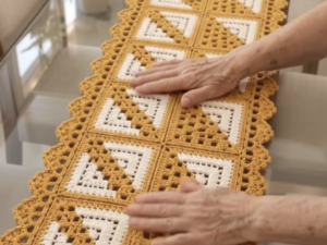 Mustard and White Granny Square Table Runner