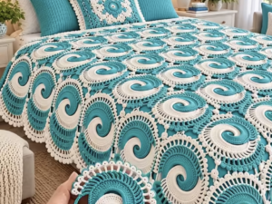 Teal and White Coastal Spiral Bedspread