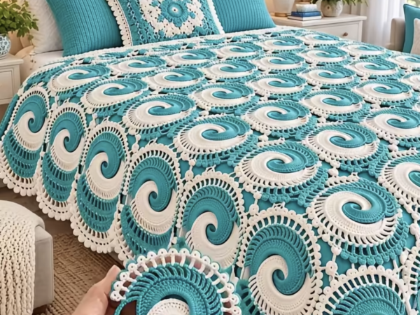 Teal and White Coastal Spiral Bedspread