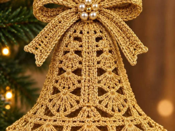 Gold Lace Christmas Bell Ornament with Pearl Bow