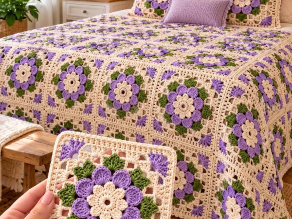 Lavender and Green Layered Flower Granny Square Bedspread