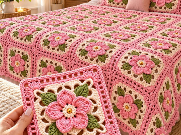 Pink and Cream Five-Petal Blossom Granny Square Bedspread