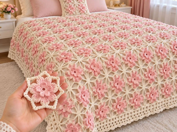 Pink and Cream Star Lattice Flower Bedspread