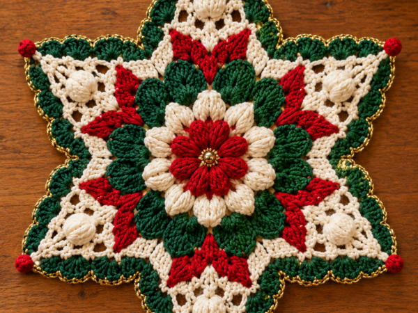 Christmas Six-Point Star Puff Flower Doily