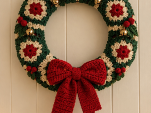 Granny Square Christmas Wreath with Bow and Jingle Bells