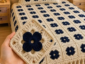 Navy and Cream 3D Four-Petal Flower Granny Square Bedspread with Tassels
