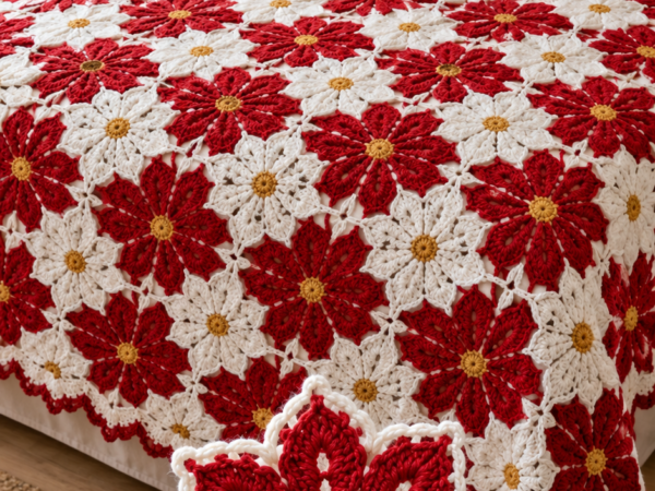 Red and White Poinsettia Star Flower Bedspread