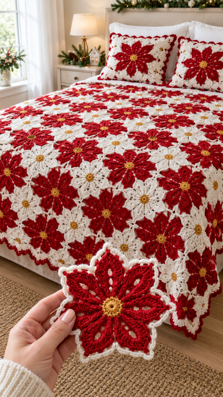 Red and White Poinsettia Star Flower Bedspread — Free Crochet Pattern ...