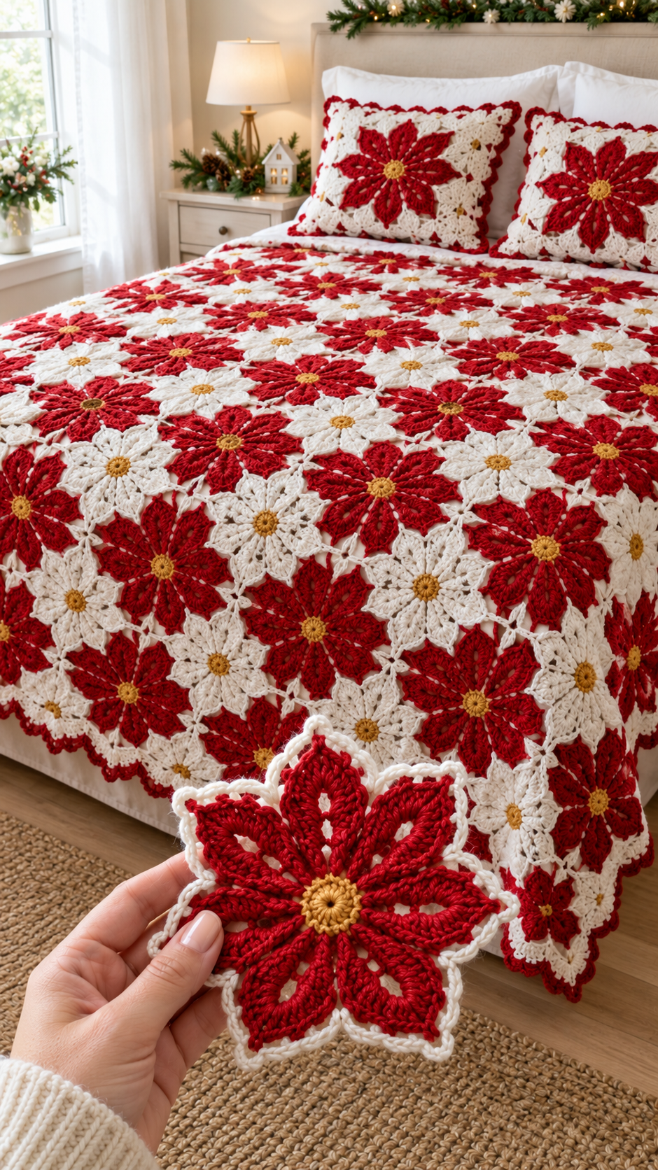 Red and White Poinsettia Star Flower Bedspread — Free Crochet Pattern ...